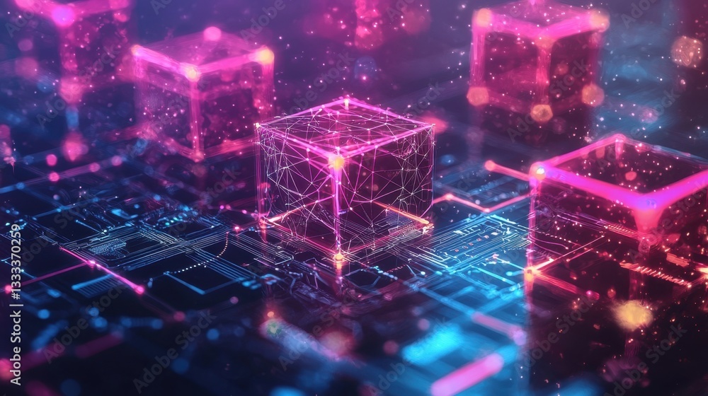 Aufkleber a decentralized finance network visualized with interconnected glowing cubes.