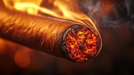 Close-up of a burning cigar with smoke and fire.