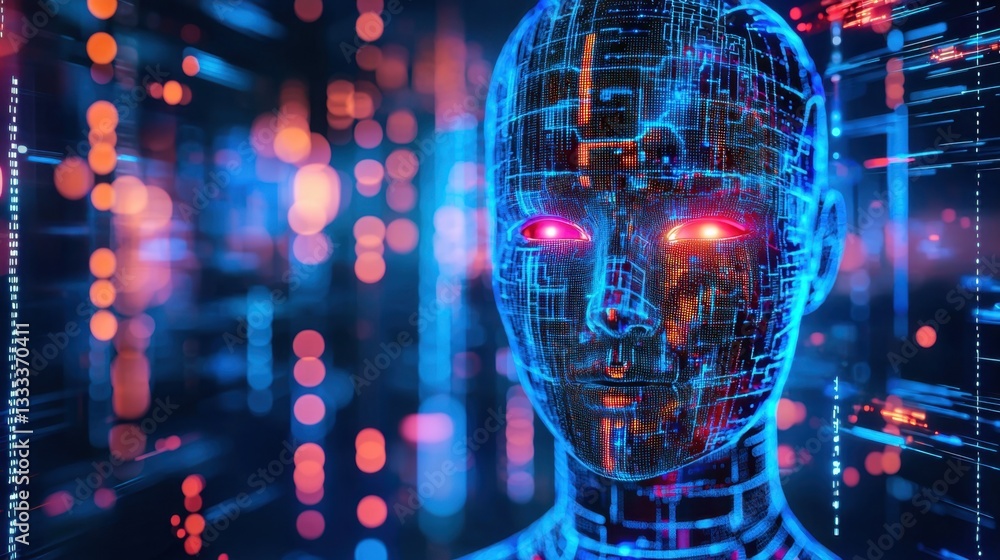 Poster a digital human face made of pixels and data streams, symbolizing ai evolution.