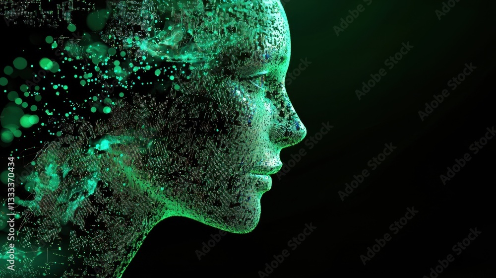 Poster a digital human face made of pixels and data streams, symbolizing ai evolution.