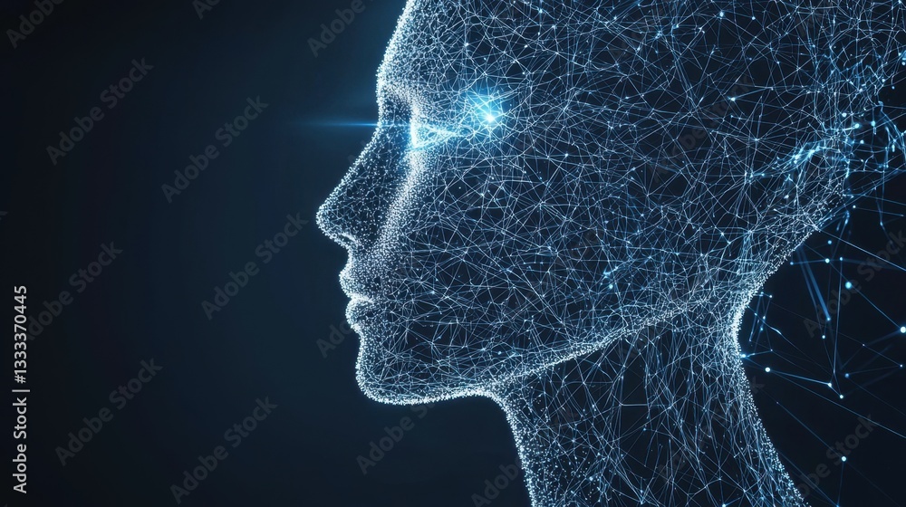 Poster a digital human face made of pixels and data streams, symbolizing ai evolution.