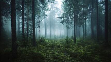 Fototapeta premium Moody Forest Landscape in Tranquil Uppsala, Sweden with Mist