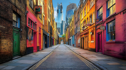 Fototapeta premium Vibrant urban alleyway showcasing colorful buildings with modern skyscrapers in the background