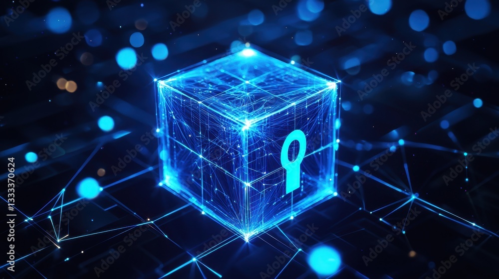 Poster a digital padlock floating amidst an encrypted blockchain network.
