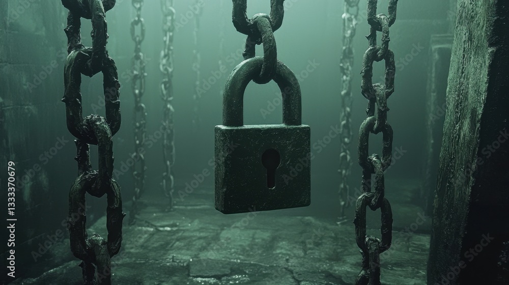 Poster a digital padlock floating amidst an encrypted blockchain network.
