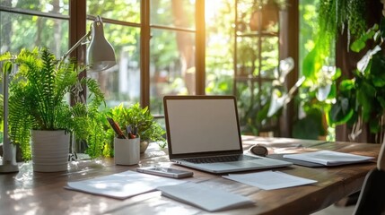 Bright and Inviting Home Office Space with Green Plants and Laptop