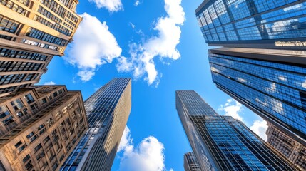 Naklejka premium Impressive View of Skyscrapers Against Clear Blue Sky in City