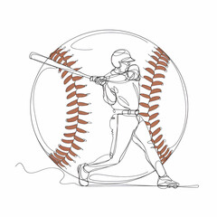 A continuous line pencil sketch of a batter swinging in a baseball game. The background is a white baseball, and the swing is dynamic.