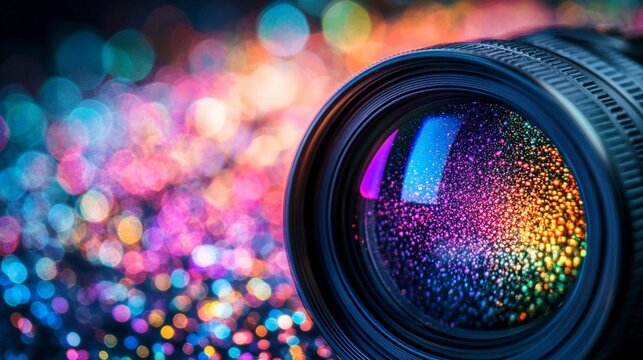 Close-up of a camera lens with colorful bokeh background.