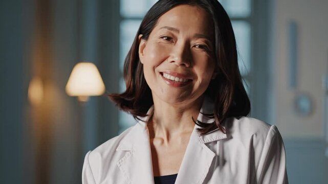 A focused middle-aged Asian female doctor in a white coat stands confidently in a well-lit medical office, ready to provide care and make a difference in her patients' lives.