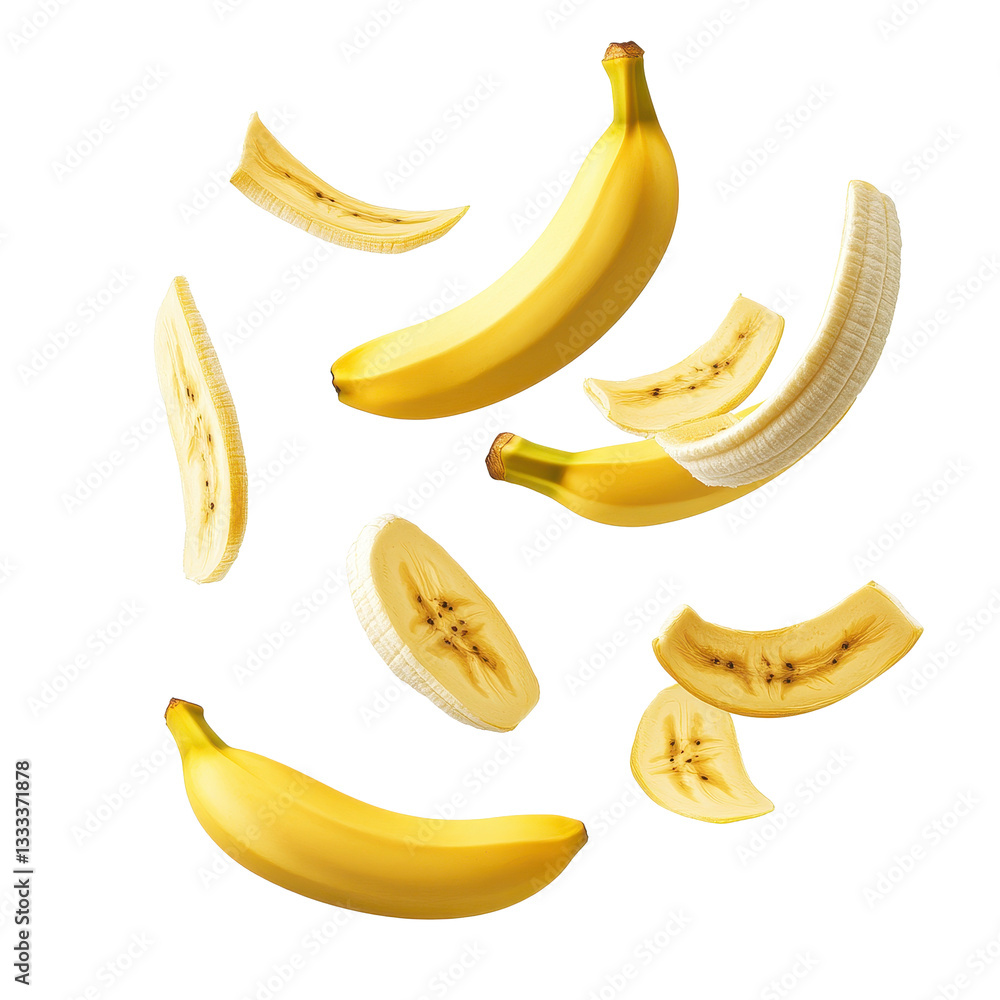 Poster falling banana slices creating a dynamic visual isolated on a white background, falling flying banan