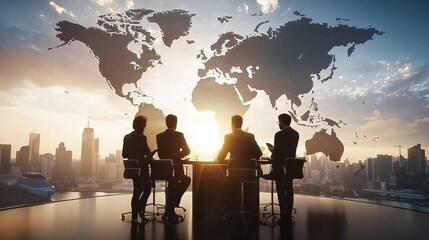 Business team discussing strategies in front of a global map, with a corporate office background and city skyline silhouette, symbolizing international business, teamwork, and global networking.  
