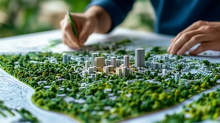Urban planning models city development green spaces workshop indoor perspective
