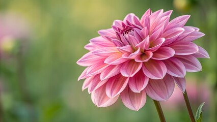 Fototapeta premium Pink Dahlia Blossom: A macro shot captures the intricate beauty of a fully bloomed pink dahlia, with its delicate petals radiating outwards, against a soft, blurred background.