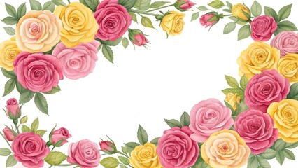 Floral Frame: A vibrant and artistic watercolor illustration showcases a lush floral arrangement featuring an array of roses, creating a beautiful frame.