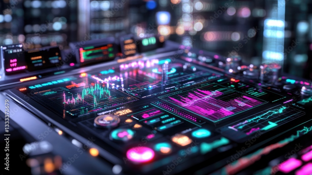 Poster futuristic data visualization dashboard with neon graphs and metrics