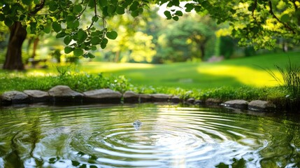 Naklejka premium Tranquil Garden Pond Surrounded by Lush Greenery in Nature