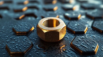 Close-Up of a Single Metal Nut on a Textured Surface with Raindrops
