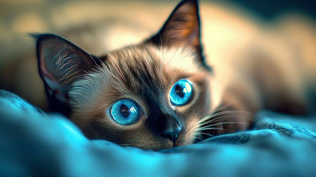 A close up of an adorable kitten with big blue eyes laying on the bed