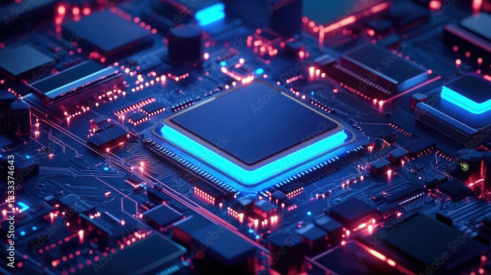 Poster futuristic microprocessor close-up with neon circuitry lights