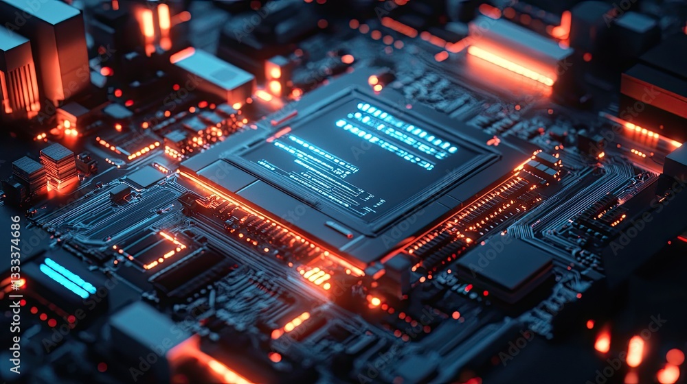 Poster close-up of futuristic circuit board with glowing components