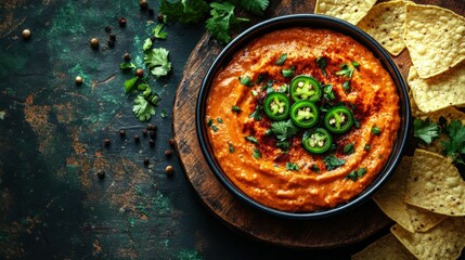 Spicy dip in a bowl with tortilla chips
