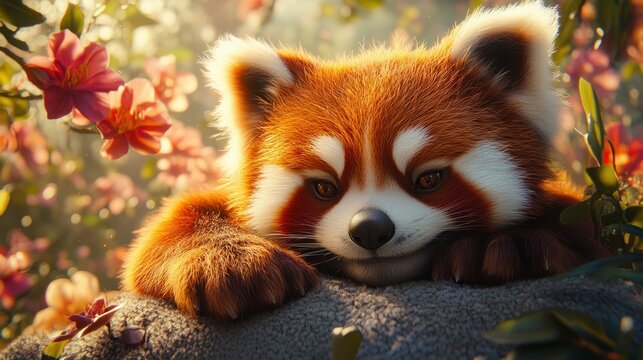 Fluffy red panda resting amidst flowers - Powered by Adobe