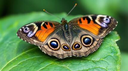 Close-Up of Vibrant Butterfly Resting on Bright Green Leaf Surface