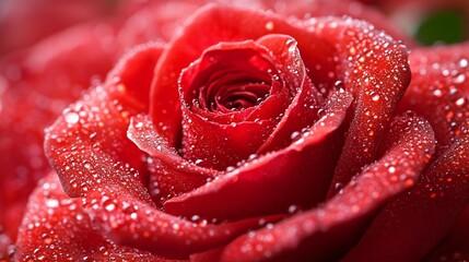 Close-up of a red rose covered in water droplets.