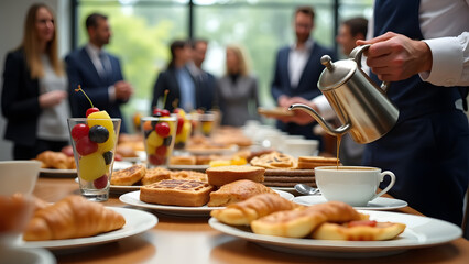 A corporate breakfast buffet with croissants, muffins, and coffee. Styled with fruit skewers and waffles on a wooden table in bright lighting for a professional, lively atmosphere.