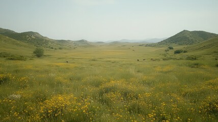 Fototapeta premium Vast Wildflower Field Under Hazy Sky with Grazing Cattle and Distant Hills