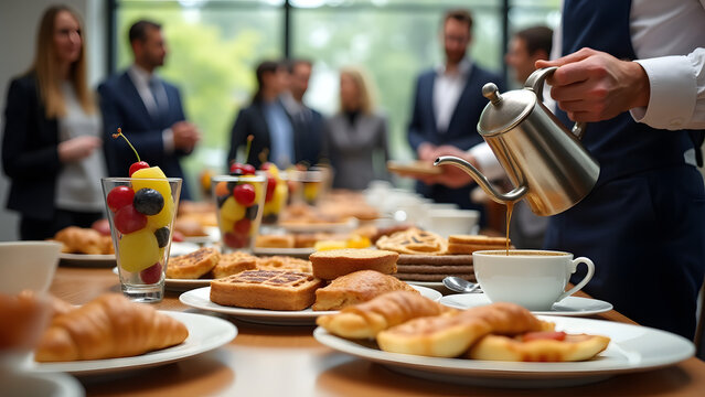 A corporate breakfast buffet with croissants, muffins, and coffee. Styled with fruit skewers and waffles on a wooden table in bright lighting for a professional, lively atmosphere.