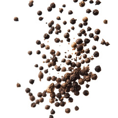 Ground black peppercorns flying, macro, isolated on transparent background 