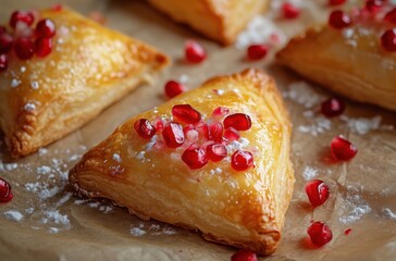 Golden Puff Pastries Topped with Fresh Pomegranate Seeds on Rustic Background Evoking Cozy Baking Moments at Home