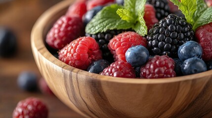 Organic Berries with Mint  in Wooden Bowl &ndash; Fresh, Healthy, and Vibrant Close-Up