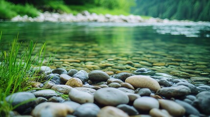 Fototapeta premium Serene Riverbank Scene with Rocks and Grassy Border in Tranquil Setting