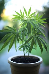 Obraz premium Vibrant Green Cannabis Plant in Pot, Marijuana Growth