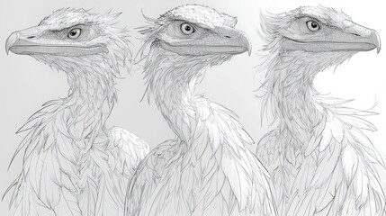 Detailed Sketches of Mythical Bird Creatures with Intricate Feathers and Unique Features