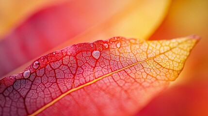 Fototapeta premium Close-up of a vibrant red and orange autumn leaf with water droplets, showcasing intricate vein details.