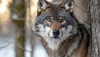 Fototapeta premium Wolf Staring Near Tree Trunk in Snowy Woods