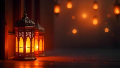 Fototapeta premium Islamic Ramadan lantern banner featuring a warm, festive glow, perfect for Eid Mubarak and Eid al-Adha celebrations