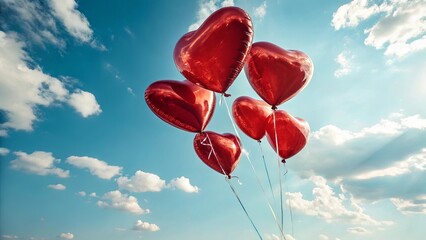 Heart-Shaped Red Balloons Floating in a Blue Sky with Clouds: red balloons in the sky