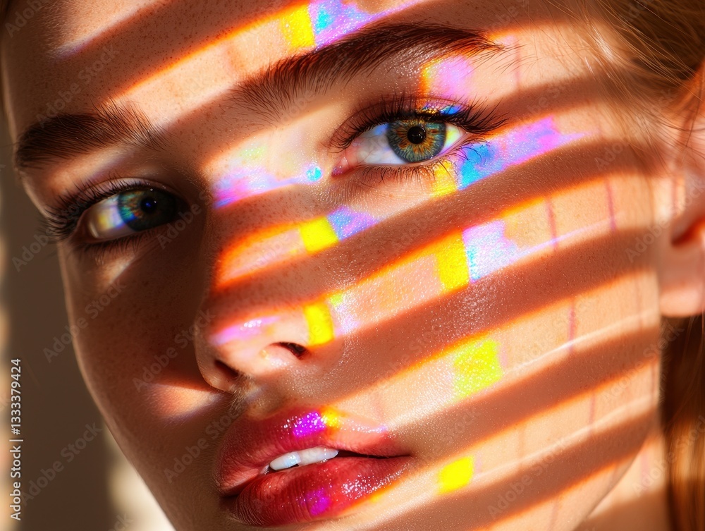 Poster a close-up of a person's face with colorful light patterns and shadows.