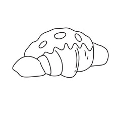 Outline croissant pastry black color. worksheet coloring book page.Illustration of a freshly baked croissant,