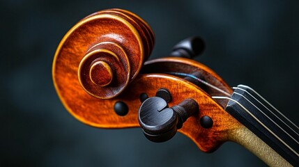Close-up of a violin's scroll and pegbox, showcasing intricate wood grain and craftsmanship. (1)