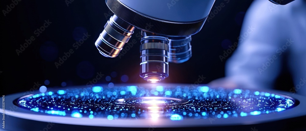 Poster a close-up view of a microscope examining samples with glowing lights.