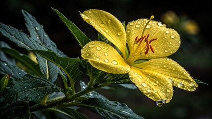 Close-Up of Yellow Flower with Water Droplets and Dark Background