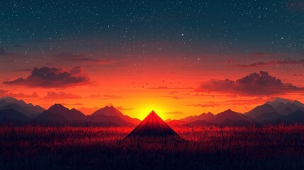 Serene Sunset Over Mountains with a Tent in the Foreground and Starry Sky Above
