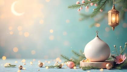 Elegant and serene Eid Mubarak background for the holy month, featuring a soft, festive design with ample copy space for messages or greetings