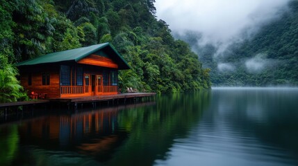 Fototapeta premium Serene lakeside retreat mountain area nature photography calm atmosphere wide angle tranquility